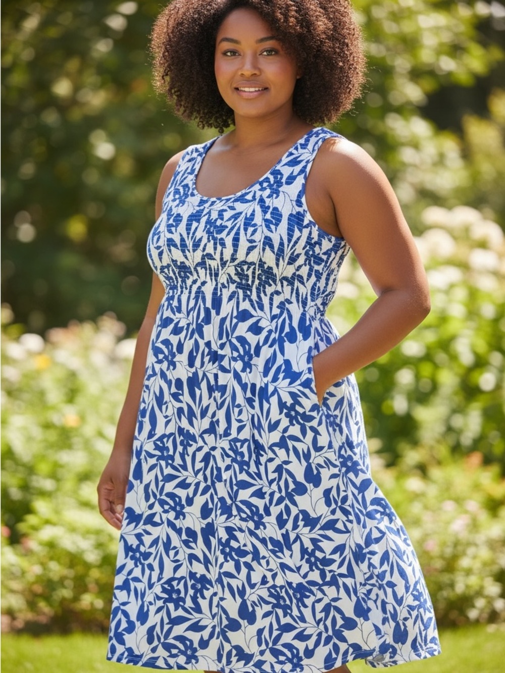 CLASSIC EDITION womens White smocked dress with Blue Floral Print size large